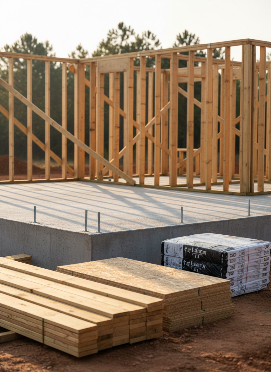 A detailed, photographic realism scene of a residential construction site just outside Hartsville, South Carolina, showing a partially framed single-family home. Honey-toned lumber studs rise from a smooth, newly poured concrete slab with anchor bolts and metal straps gleaming in the sunlight. Neatly stacked 2x4s, a line of OSB sheathing, and bundled roofing shingles are arranged in an orderly fashion in the foreground. Warm morning sun casts long, defined shadows across the site, emphasizing the geometry of the framing. In the distance, soft-focus pine trees and red clay soil suggest the local landscape. Captured from a low, three-quarter angle, the composition feels optimistic and forward-looking, conveying growth, stability, and solid general contracting expertise.