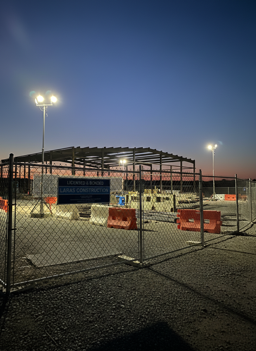 An evening photographic realism image of a well-secured construction site managed by Laras Construction, enclosed by a sturdy chain-link fence with reflective safety mesh and a clearly visible “Licensed & Bonded – Laras Construction” placard. Inside the fence, a steel-framed commercial structure rises, its beams silhouetted against a deep blue Carolina dusk sky. Portable LED floodlights cast bright, even illumination across the gravel site, creating crisp shadows from concrete forms and stacked rebar. Orange and white barricades, neatly arranged, indicate clear pathways. Captured from a slightly low, wide-angle viewpoint, the composition emphasizes safety, organization, and professionalism. The mood is serious yet reassuring, highlighting responsible site management and compliance with regulations.