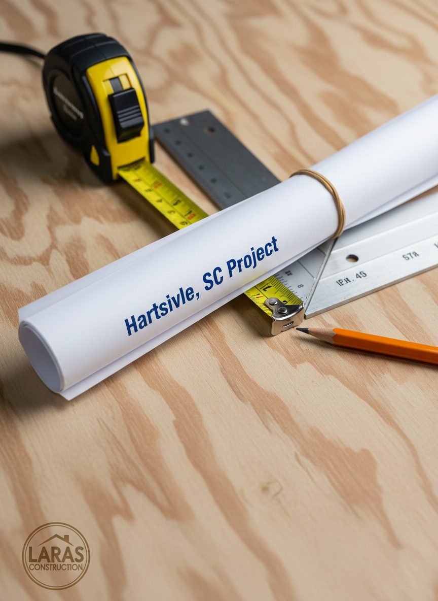 A close-up, photographic realism image of high-quality construction materials and tools neatly laid out on a clean, unfinished plywood surface branded with a small Laras Construction logo in one corner. There is a rolled architectural blueprint labeled “Hartsville, SC Project,” a bright yellow tape measure extended along the page, a shiny stainless-steel framing square, and a heavy-duty contractor’s pencil freshly sharpened. The textures of the wood grain, crisp blueprint paper, and brushed metal tools are highly detailed. Soft, indirect workshop lighting from above creates gentle highlights and minimal shadows, producing a calm, methodical atmosphere. Shot from a slightly elevated top-down angle with shallow depth of field, the focus centers on the project title, representing planning, precision, and professionalism.