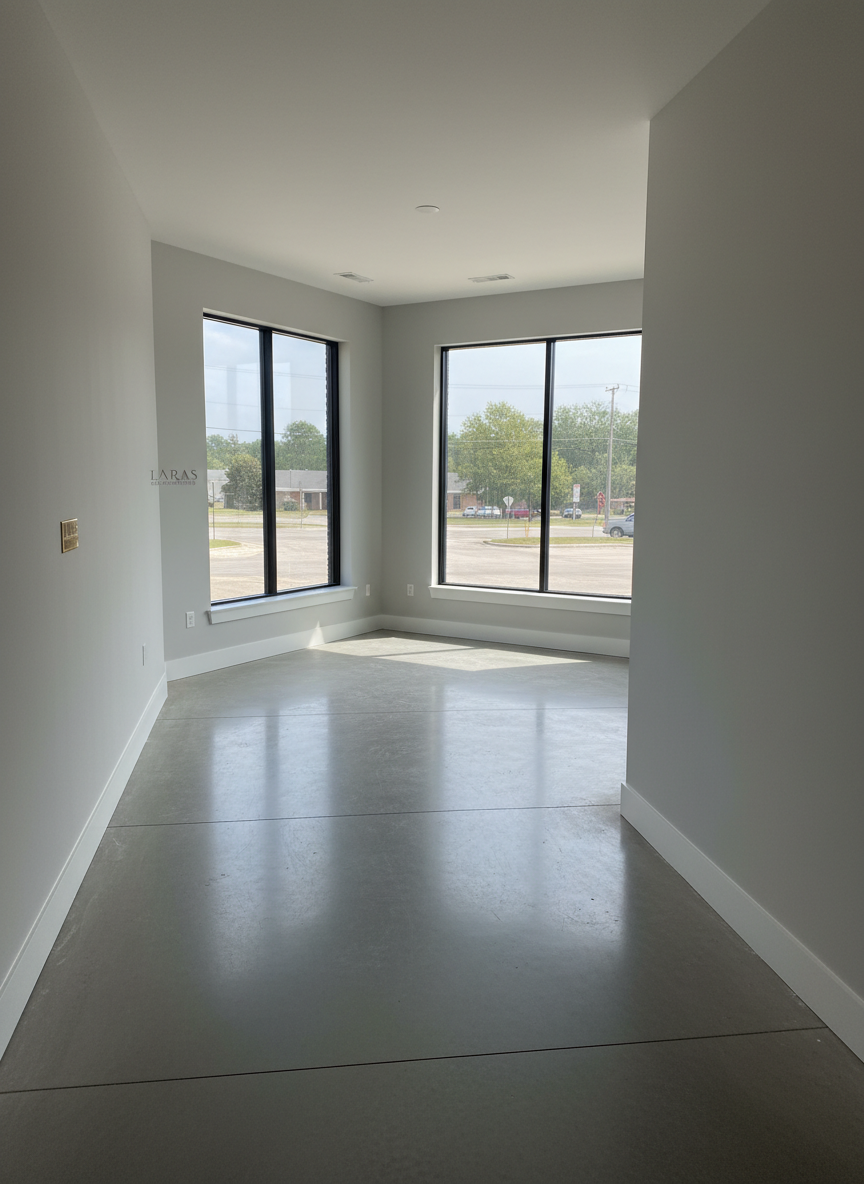 An immaculate interior of a newly completed commercial space built by Laras Construction, featuring smooth light-gray drywall, perfectly aligned baseboards, and a polished concrete floor with a subtle satin sheen. Large, energy-efficient windows framed in matte black aluminum reveal a hint of Hartsville’s tree-lined streets in soft blur. Even midday natural light floods the room, casting gentle, elongated shadows and highlighting the flawless wall finishes and clean ceiling transitions. Shot in photographic realism from a slightly elevated corner perspective, the composition uses leading lines of the walls and floor joints to draw the eye into the space. The mood is modern, precise, and ready for business tenants, underscoring craftsmanship and attention to detail.