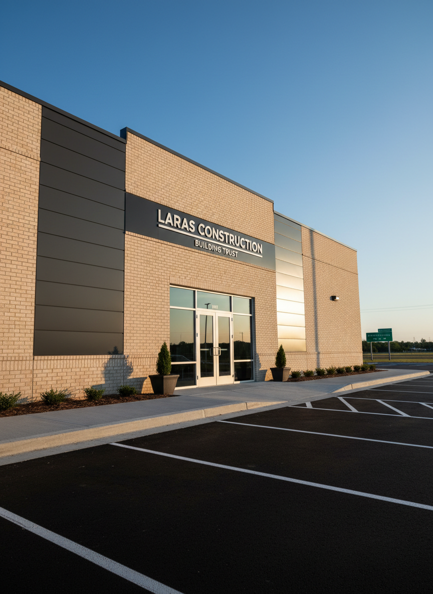 A freshly finished commercial building exterior constructed of light tan brick and dark charcoal metal panels, showcasing the clean craftsmanship of Laras Construction. The structure sits on a tidy asphalt lot with crisp white striping and a neat concrete sidewalk leading to wide glass doors. Late afternoon golden sunlight grazes the façade, emphasizing the precise mortar lines and smooth metal textures, with soft shadows falling across the entry. Captured in photographic realism from a slightly low, wide-angle perspective to make the building feel solid and dependable, with sharp focus throughout. The sky is a clear Carolina blue above Hartsville, South Carolina, creating a professional, trustworthy, and established atmosphere ideal for a general contractor’s homepage hero image.