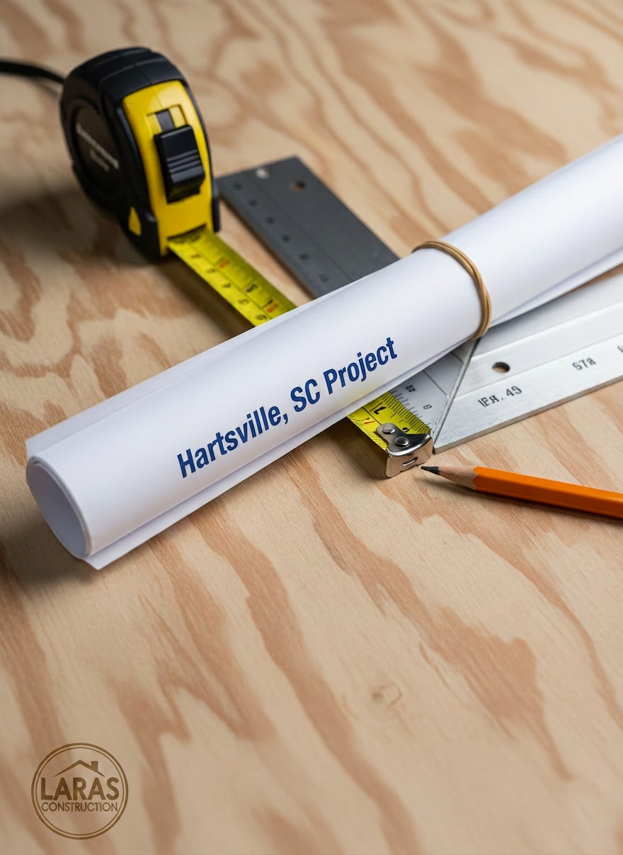 A close-up, photographic realism image of high-quality construction materials and tools neatly laid out on a clean, unfinished plywood surface branded with a small Laras Construction logo in one corner. There is a rolled architectural blueprint labeled “Hartsville, SC Project,” a bright yellow tape measure extended along the page, a shiny stainless-steel framing square, and a heavy-duty contractor’s pencil freshly sharpened. The textures of the wood grain, crisp blueprint paper, and brushed metal tools are highly detailed. Soft, indirect workshop lighting from above creates gentle highlights and minimal shadows, producing a calm, methodical atmosphere. Shot from a slightly elevated top-down angle with shallow depth of field, the focus centers on the project title, representing planning, precision, and professionalism.