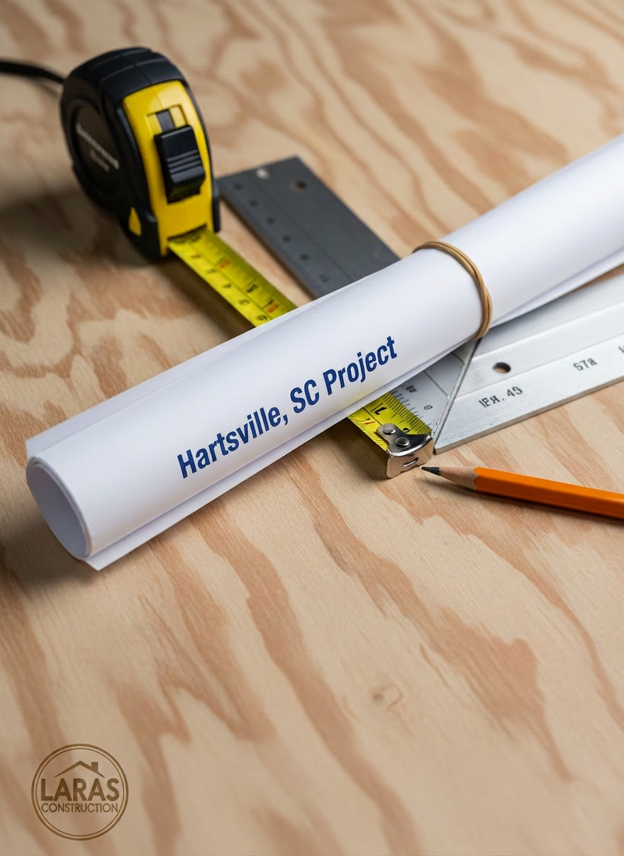 A close-up, photographic realism image of high-quality construction materials and tools neatly laid out on a clean, unfinished plywood surface branded with a small Laras Construction logo in one corner. There is a rolled architectural blueprint labeled “Hartsville, SC Project,” a bright yellow tape measure extended along the page, a shiny stainless-steel framing square, and a heavy-duty contractor’s pencil freshly sharpened. The textures of the wood grain, crisp blueprint paper, and brushed metal tools are highly detailed. Soft, indirect workshop lighting from above creates gentle highlights and minimal shadows, producing a calm, methodical atmosphere. Shot from a slightly elevated top-down angle with shallow depth of field, the focus centers on the project title, representing planning, precision, and professionalism.